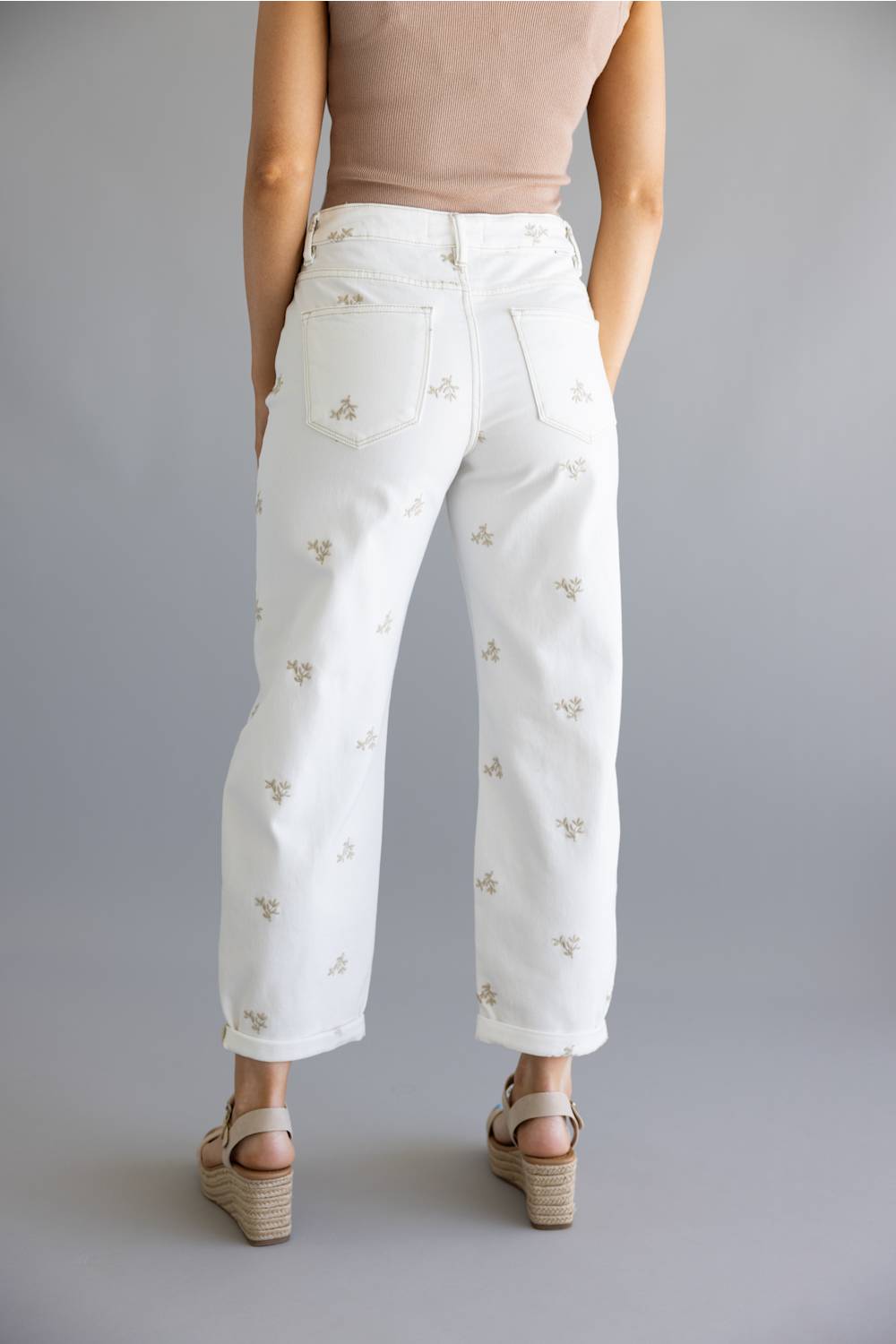 Risen High Rise Leaf Embroidered Barrel Jeans for Women in Cream