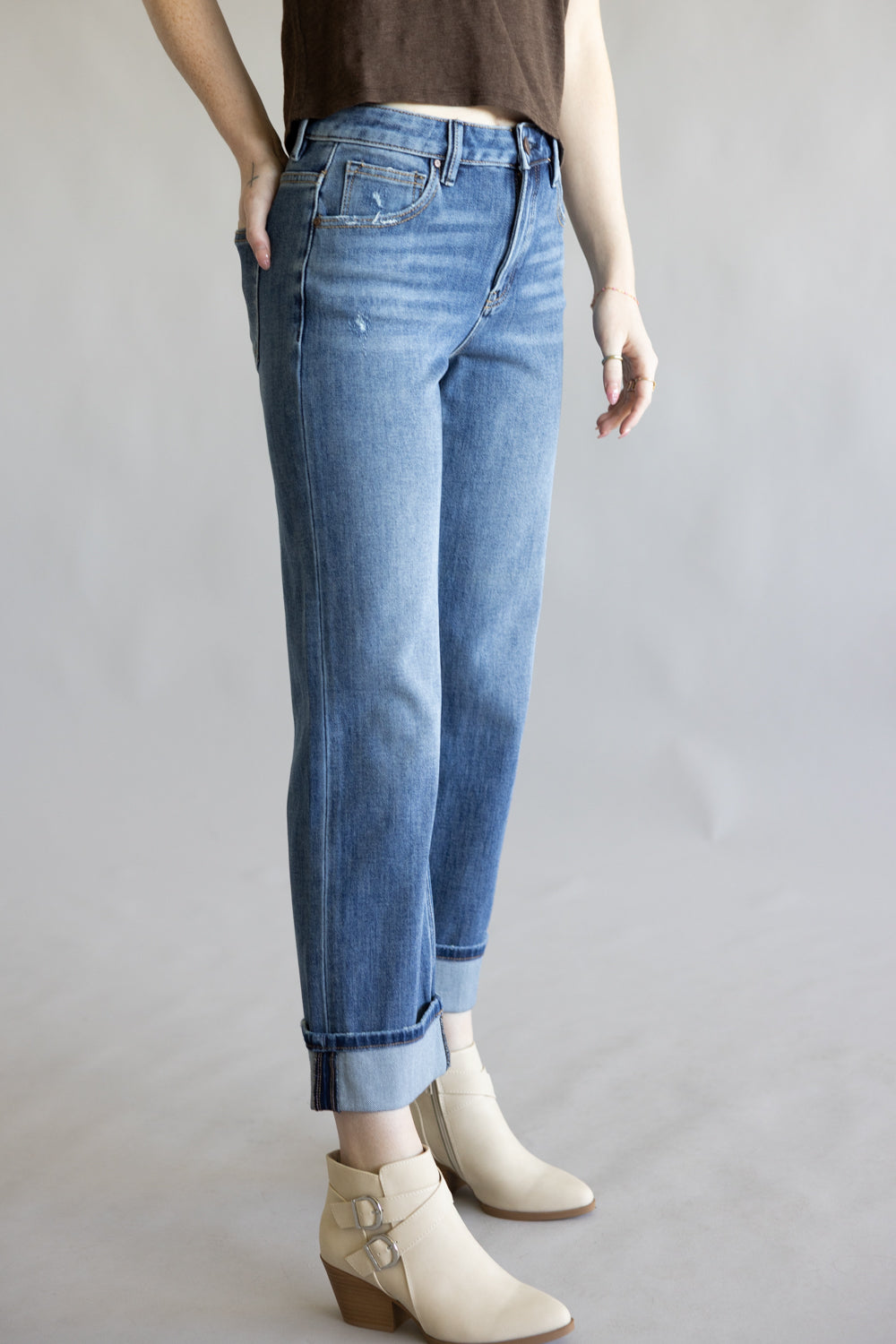 Risen Mid-Rise Relaxed Straight Leg Cuff Jeans for Women