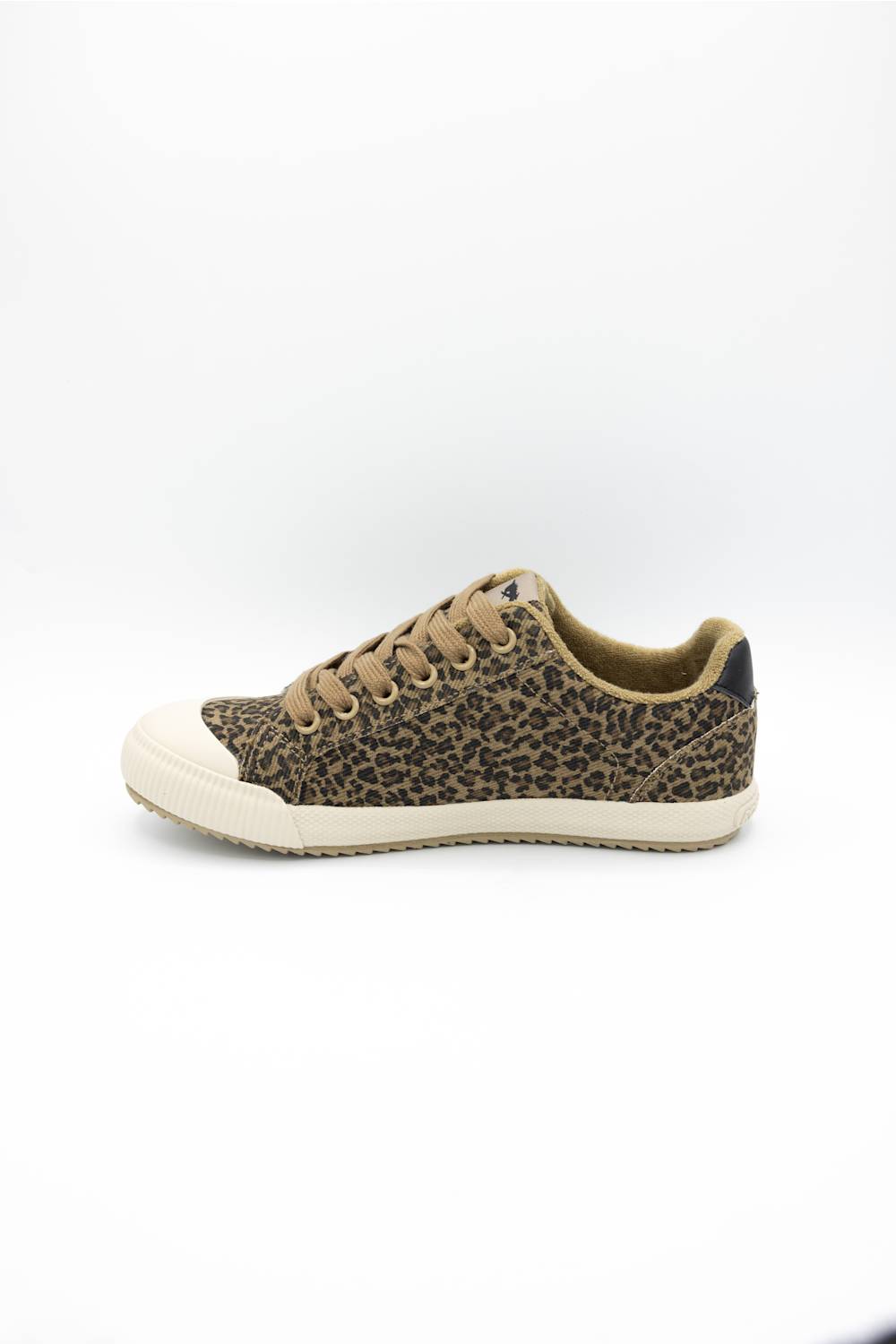 A low-top canvas sneaker featuring a brown and black leopard print pattern, tan laces, and a thick cream rubber toe cap and sole, shown against a plain white background.