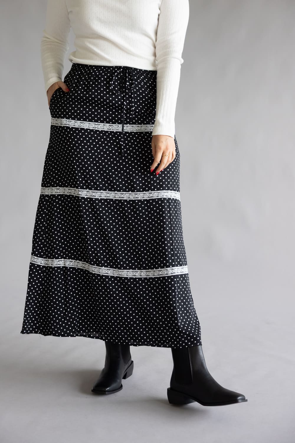 Rowan Polka Dot Tiered Maxi Skirt for Women in Black