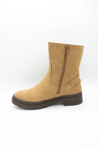 A tan suede ankle boot with a side zipper, brown sole, and decorative chain detail near the heel, shown against a plain white background.