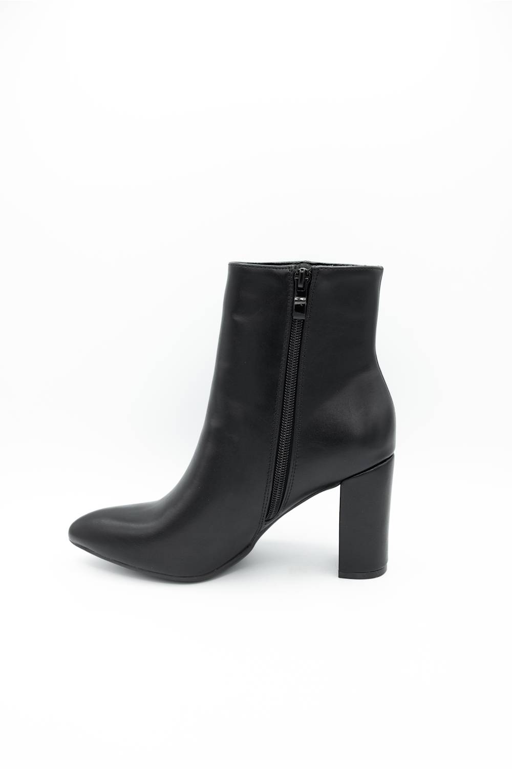 A black leather ankle boot with a block heel and side zipper, shown from a side angle on a white background.