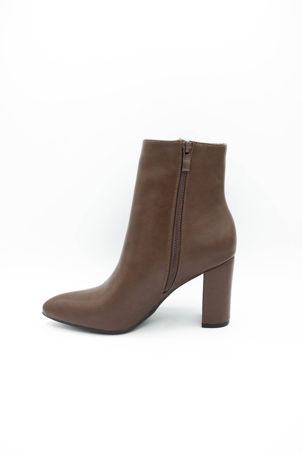 A single brown leather ankle boot with a block heel and side zipper, shown from a side profile on a white background.