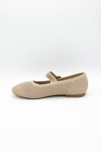 A single beige flat shoe with a textured, perforated upper and a small strap across the instep, shown in profile against a plain white background.