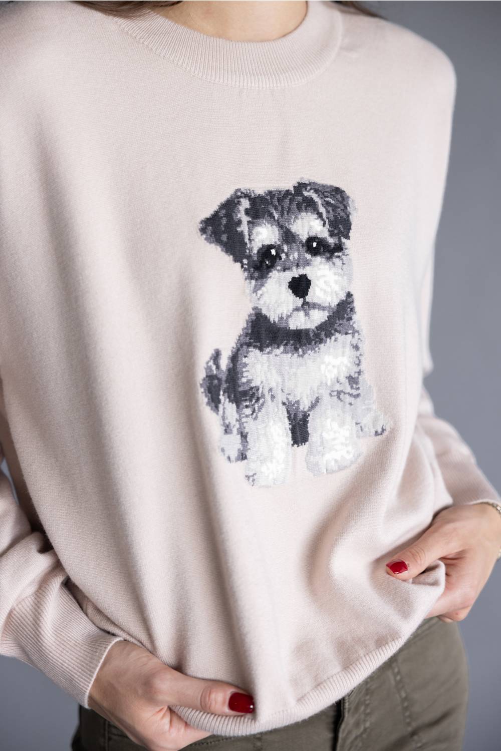 A close-up of a person wearing a light blush pink crewneck sweater with a sequined dog graphic on the front, paired with olive green pants.