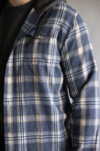 Hooded Plaid Flannel for Men in Washed Denim
