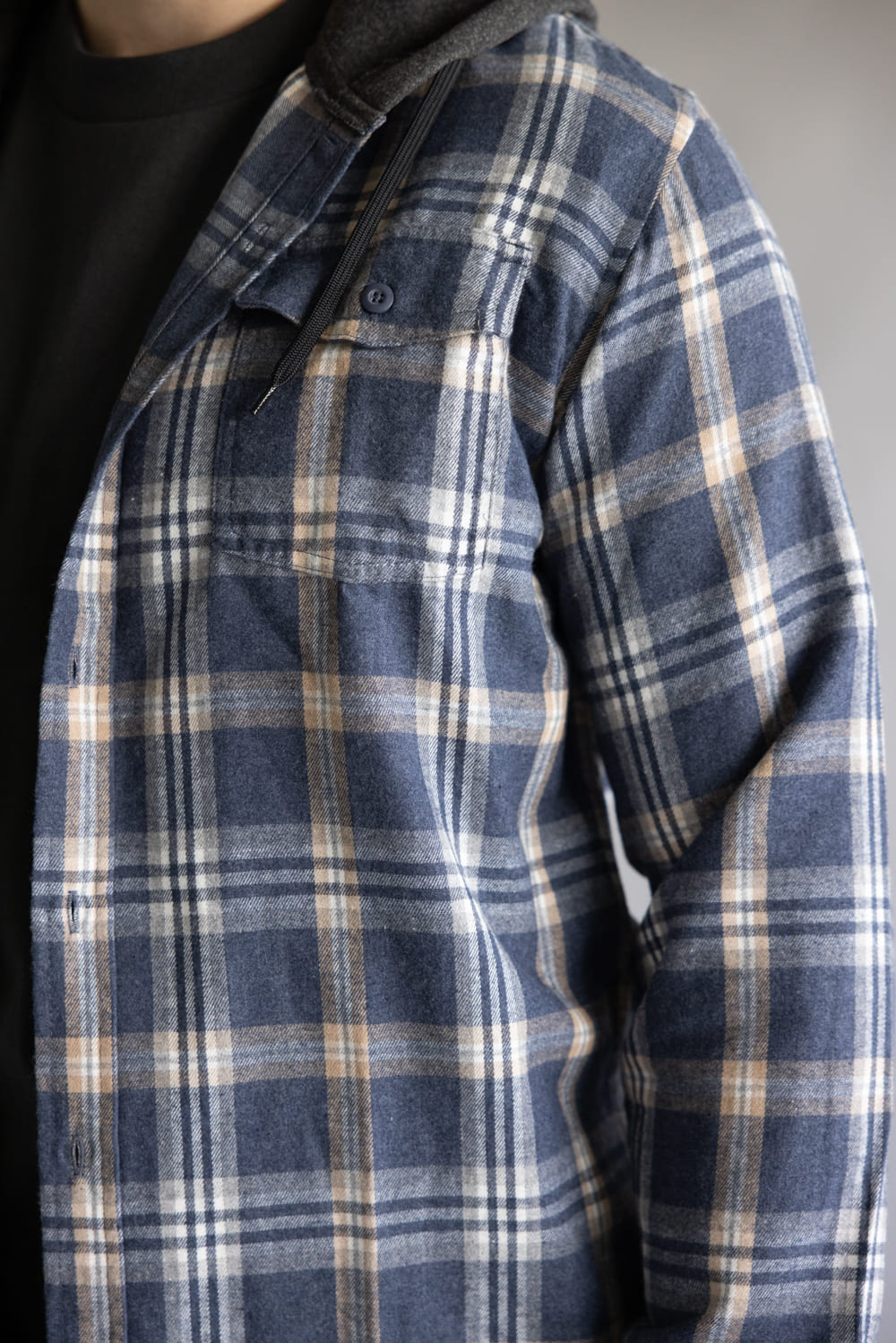 Hooded Plaid Flannel for Men in Washed Denim