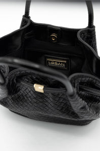 Black crocodile-embossed leather handbag shown open, with a visible URBAN COLLECTIONS brand plaque on the interior.