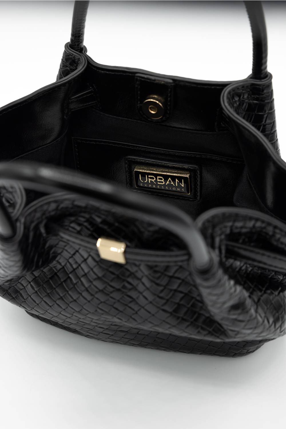 Black crocodile-embossed leather handbag shown open, with a visible URBAN COLLECTIONS brand plaque on the interior.