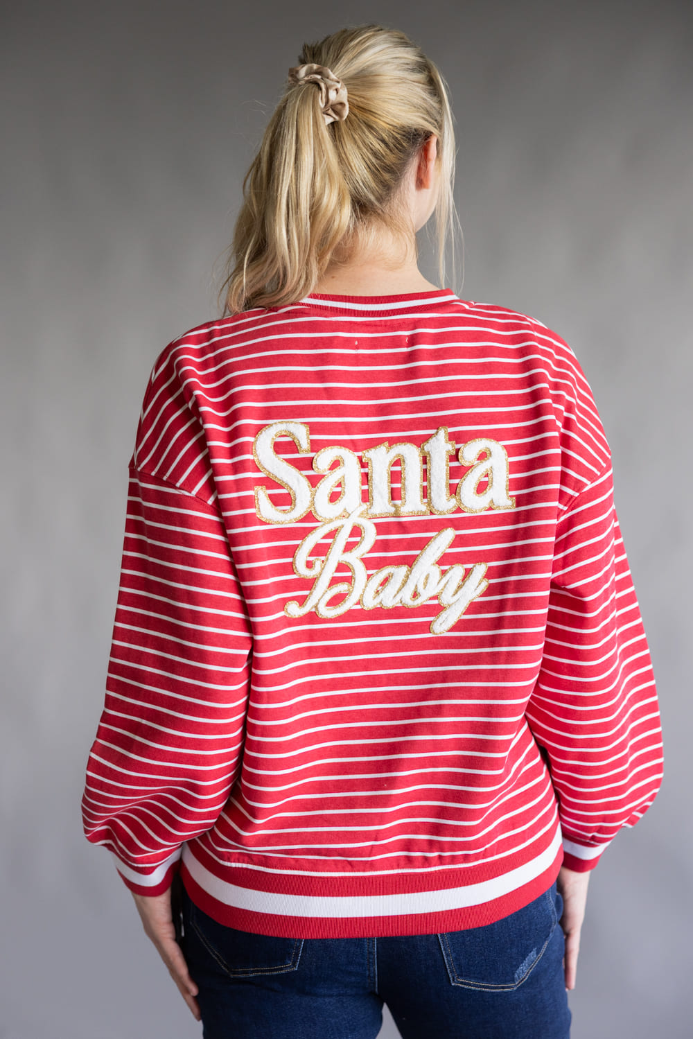  Simply Southern Santa Baby Varsity Crew Sweatshirt for Women in Red 