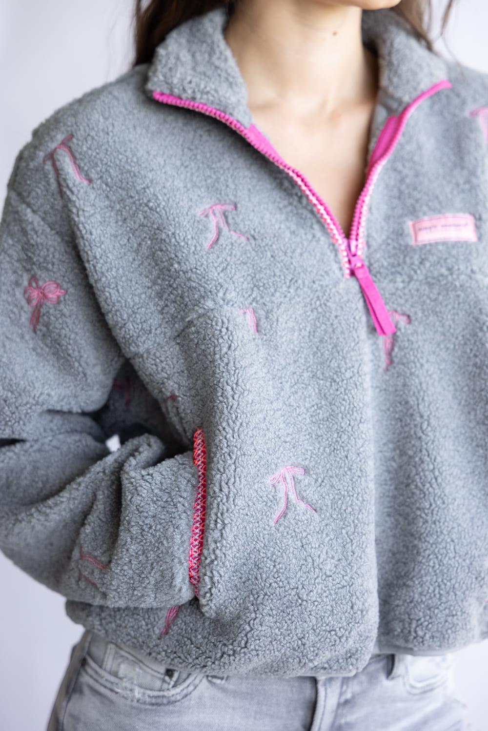 Simply Southern Taylor ½ Zip Pink Bows Pullover for Women in Grey