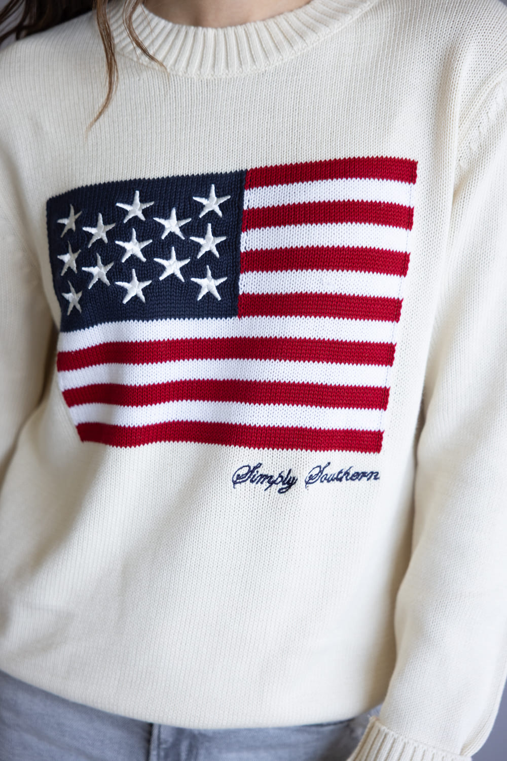 Simply Southern Preppy USA Flag Sweater for Women in Antique White