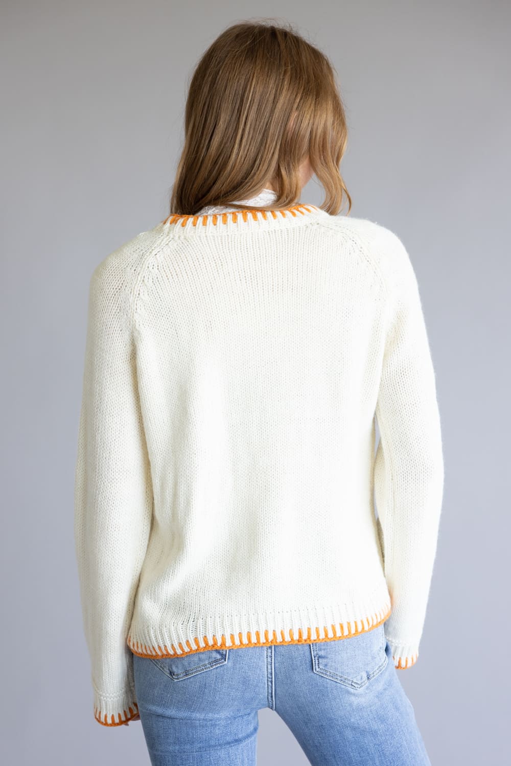 Embroidered Pumpkin Floral Blanket Stitch Sweater for Women in Ivory