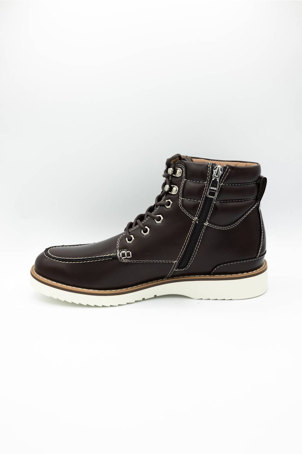 A dark brown leather lace-up ankle boot with a side zipper, metal eyelets, and a white sole, shown from a side profile on a white background.