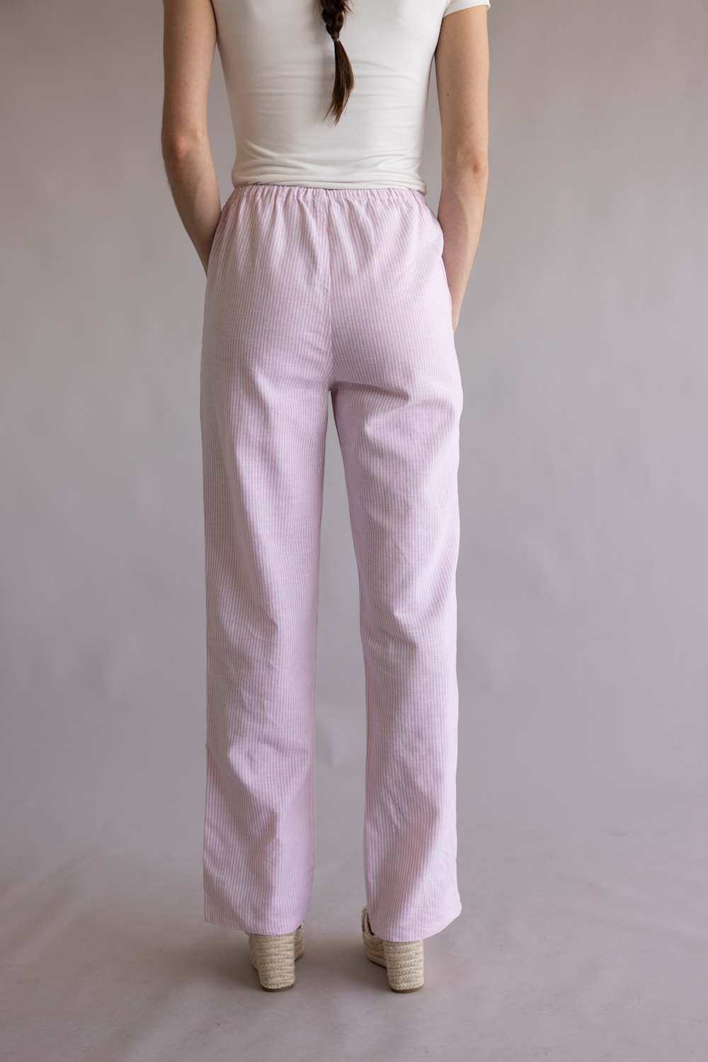 Love Tree Pinstripe Drawstring Linen Pants for Women in Light Pink | 60024PN-LTPINK