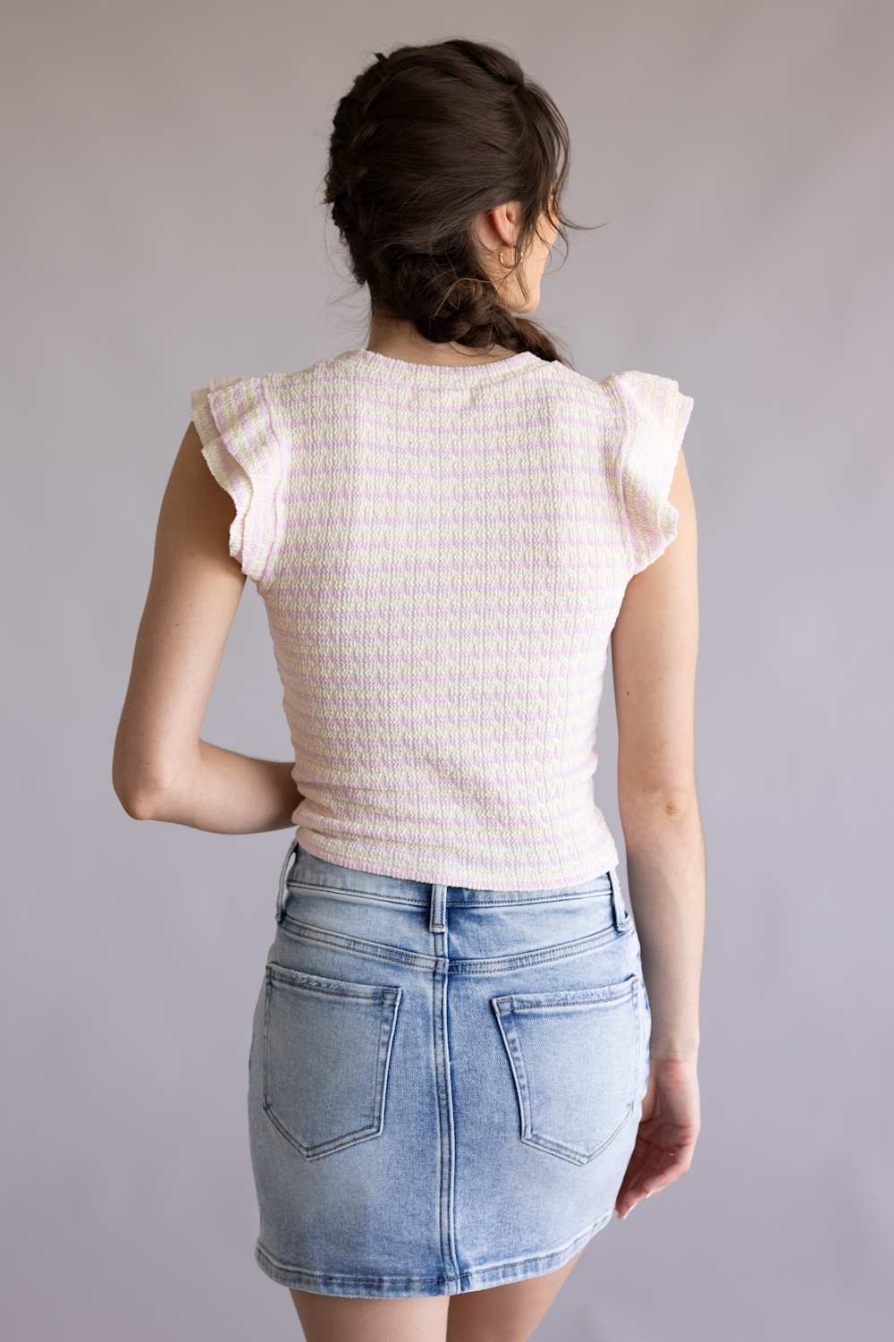  Stripe Flutter Sleeve Top for Women in Ivory Pink 