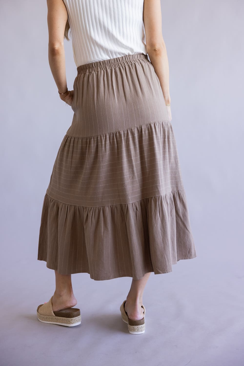 Stripe Tiered Maxi Skirt for Women in Mocha White