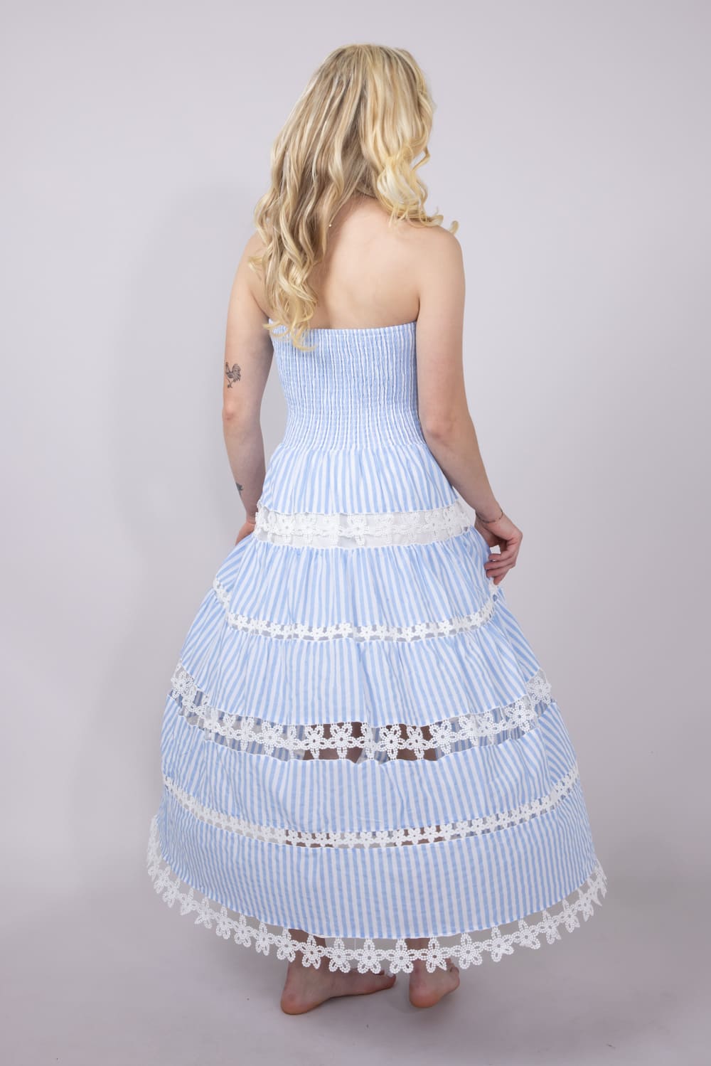 Eyelet Stripe Lace Strapless Midi Dress for Women in Blue