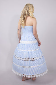 Eyelet Stripe Lace Strapless Midi Dress for Women in Blue