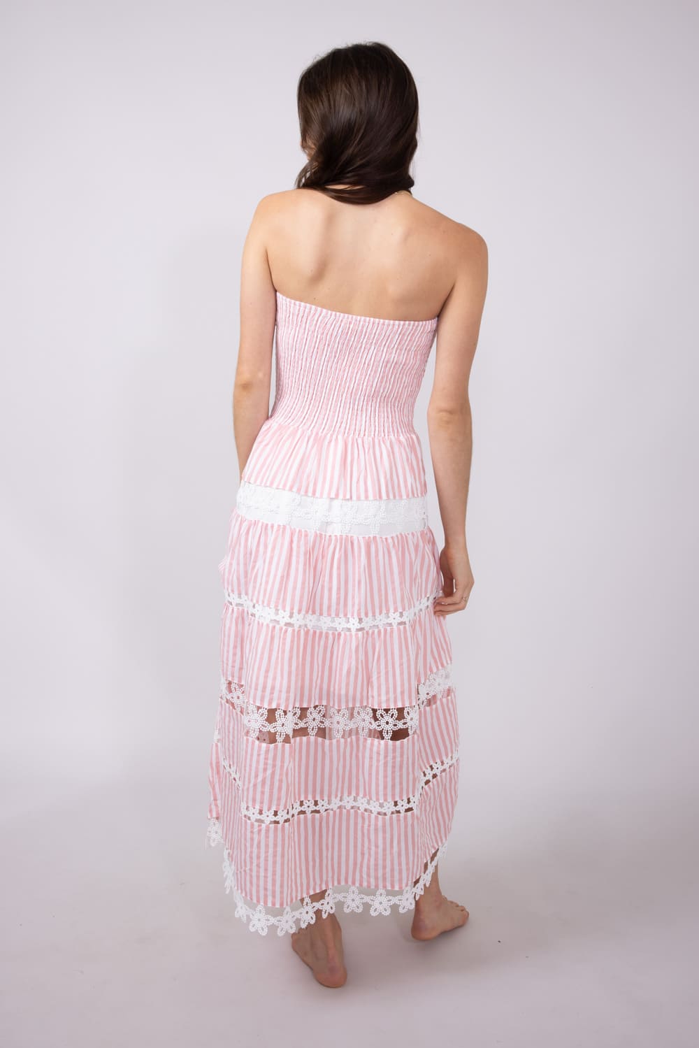 Strut & Bolt Striped Eyelet Strapless Midi Dress for Women in Pink