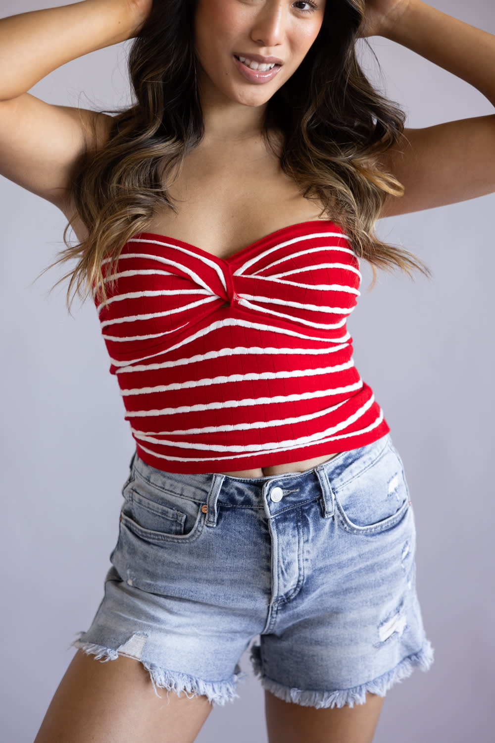Striped Twist Front Tube Top for Women in Red/White