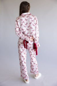 Simply Southern Candy Cane Bow Holiday Satin Pajama Set for Women in Pink