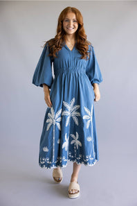 Simply Southern Embroidered Puff Sleeve Dress for Women in Navy