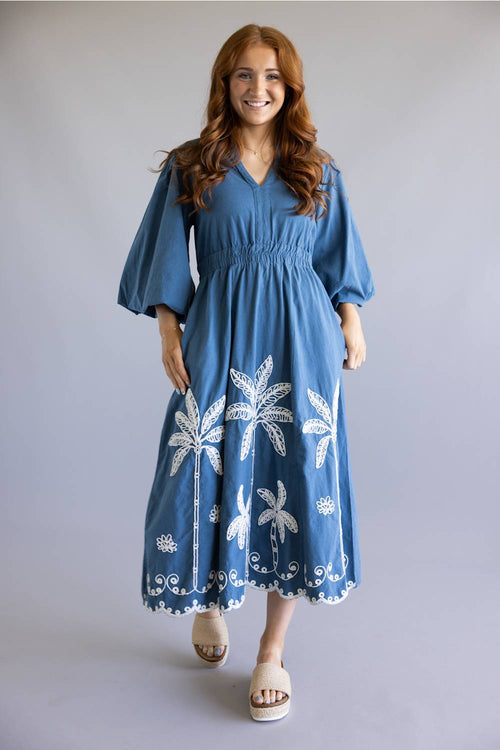 Simply Southern Embroidered Puff Sleeve Dress for Women in Navy