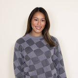 Simply Southern Women Fuzzy Checkerboard Crewneck Sweater for Women in Grey