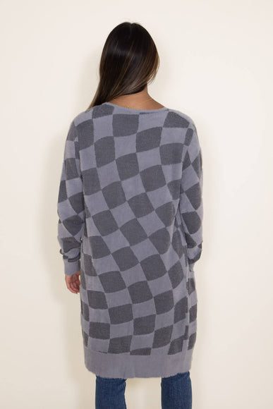 Womens Simply Southern Fuzzy Checkerboard Long Cardigan for Women in Grey 
