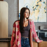 Womens Simply Southern Fuzzy Daisy Print Long Cardigan for Women in Pink