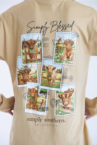 A beige t-shirt featuring a back graphic print with six postage stamp illustrations of Highland cows and the text 'Simply Blessed' and 'simply southern COLLECTION'.