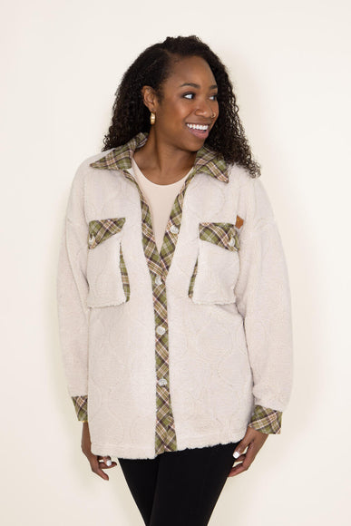 Simply Southern Quilted Plaid Sherpa Shacket for Women in Cream