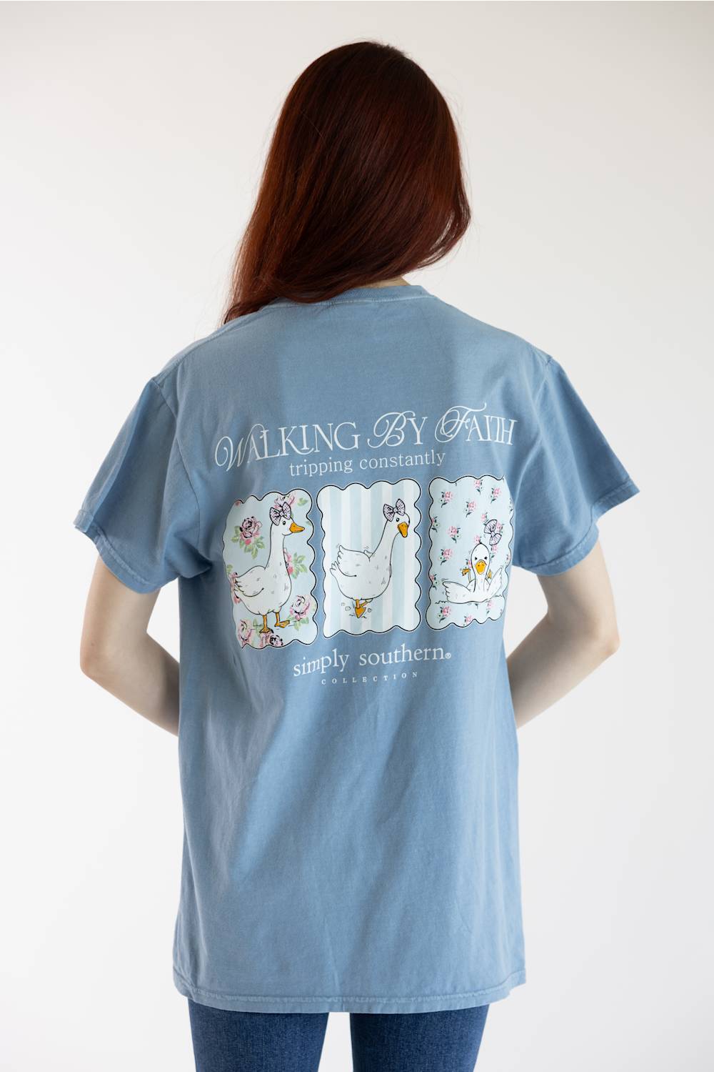 Simply Southern Walking by Faith Goose Mineral Wash T-Shirt for Women in Faded Denim Blue | MINWASH-TRIPPING-FDBLU