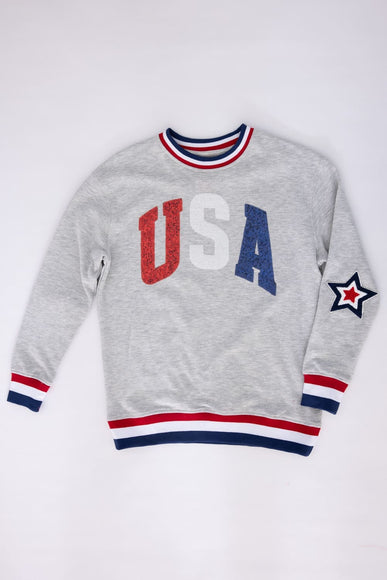 Simply Southern Youth Sequined USA Varsity Crew Sweatshirt for Girls in Grey