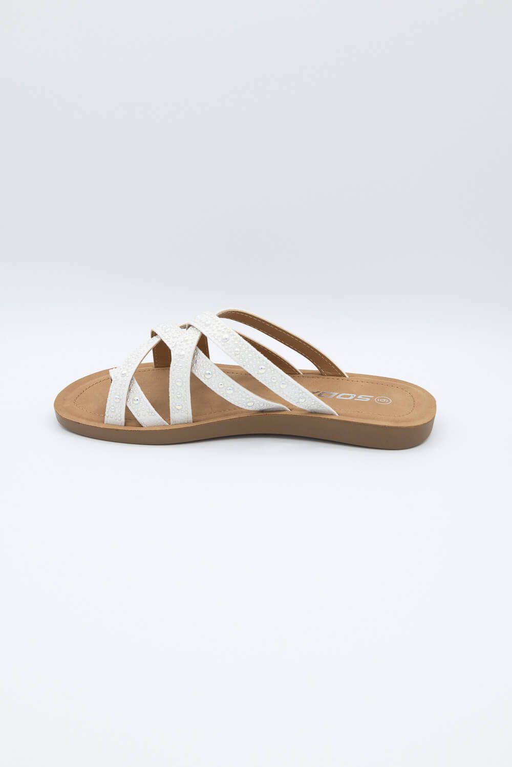 Soda Step Up Strappy Rhinestone Slides for Women in Pearl White