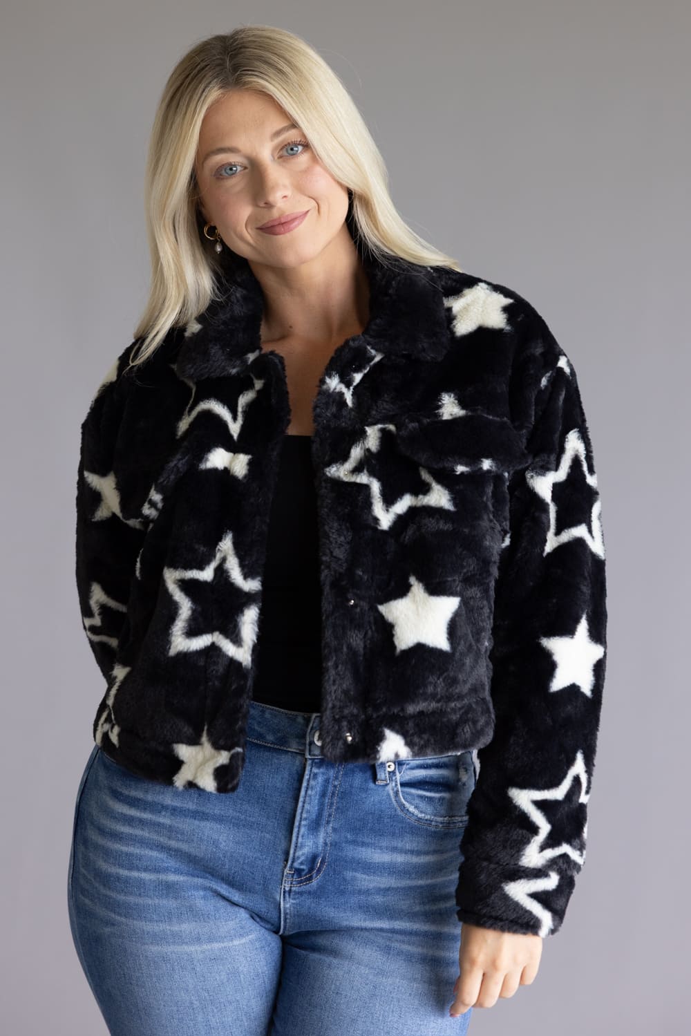 Star Faux Fur Cropped Coat for Women in Black
