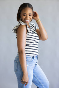Stripe Flutter Sleeve Top for Women in Cream/Navy