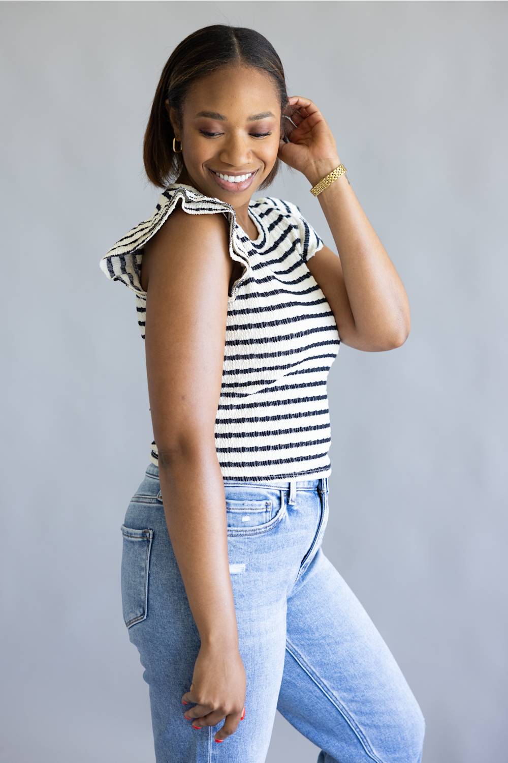 Stripe Flutter Sleeve Top for Women in Cream/Navy