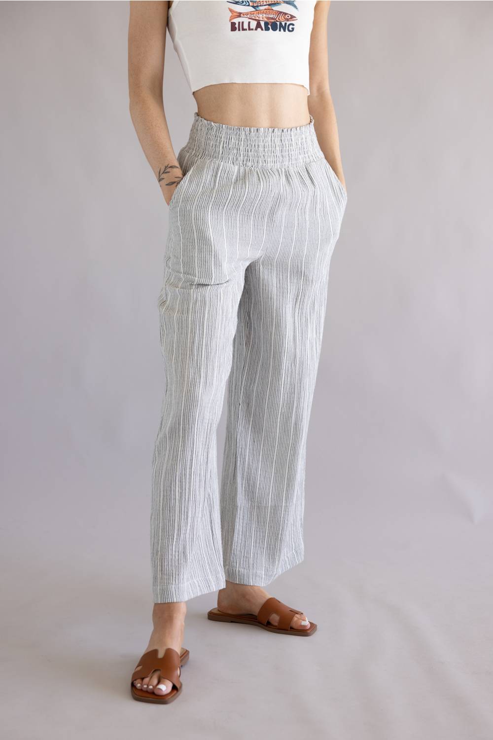 Stripe Smocked Waist Linen Pants for Women in Charcoal