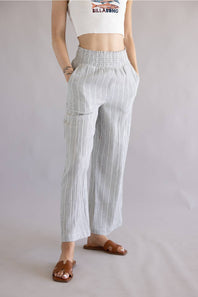 Stripe Smocked Waist Linen Pants for Women in Charcoal
