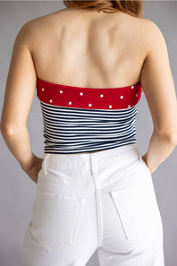 Striped Polka Dot Strapless Top for Women in Navy/Off White