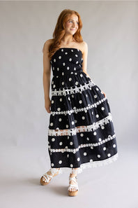 Strut & Bolt Polka Dot Eyelet Lace Strapless Midi Dress for Women in Black