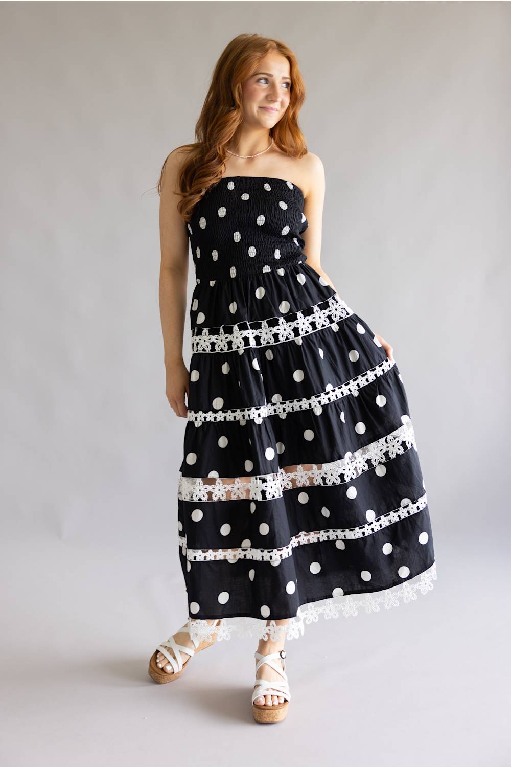 Strut & Bolt Polka Dot Eyelet Lace Strapless Midi Dress for Women in Black