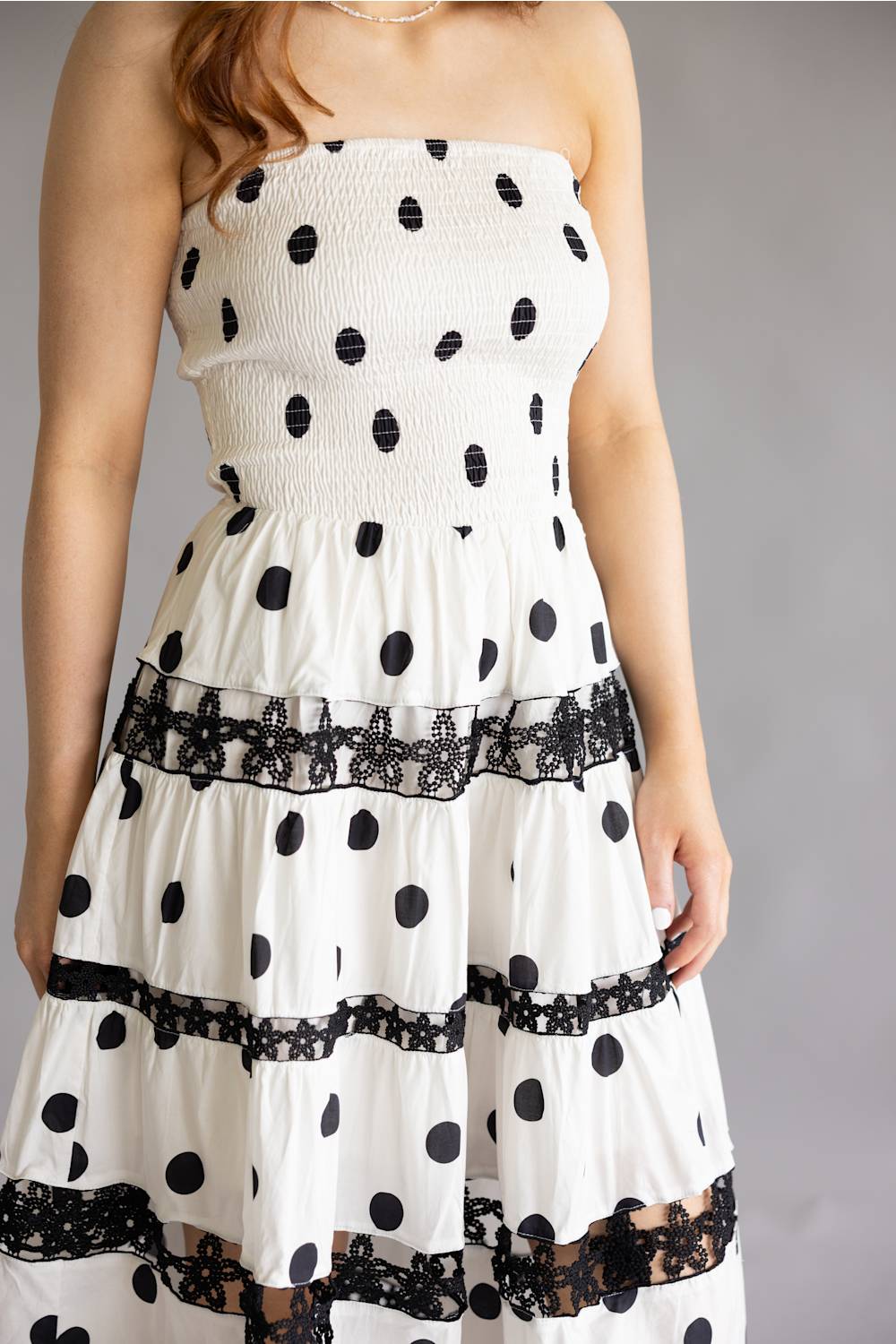 Strut & Bolt Polka Dot Eyelet Lace Strapless Midi Dress for Women in White