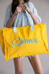 Summer Rope Canvas Tote Bag in Yellow/Blue