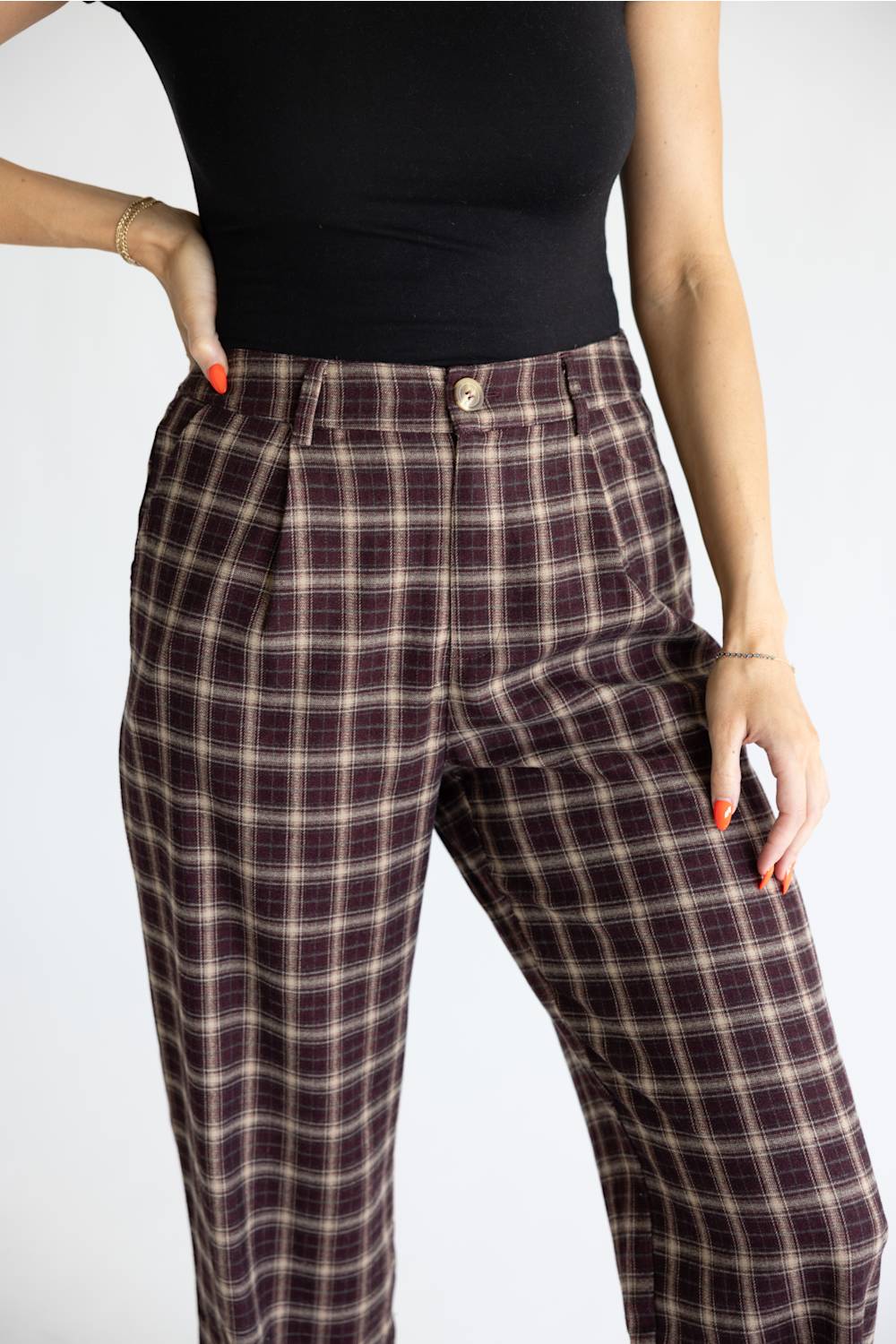 Sunday Edition Plaid High Rise Wide Leg Pants for Women in Wine