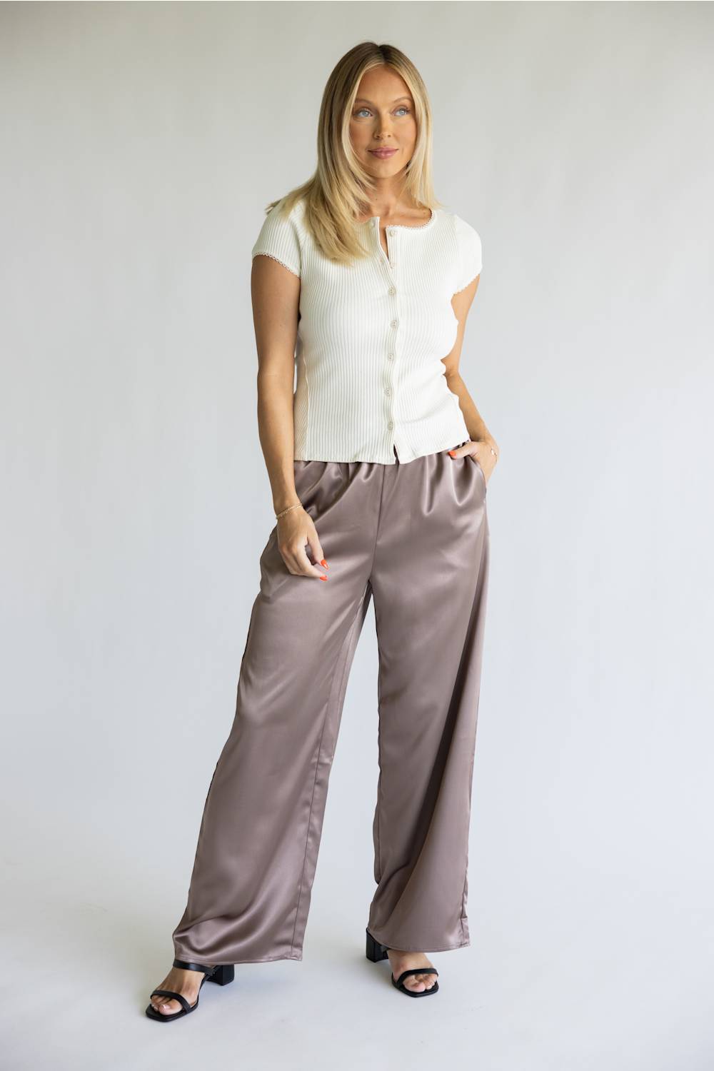 Sunday Edition Satin Wide Leg Pants for Women in Stone
