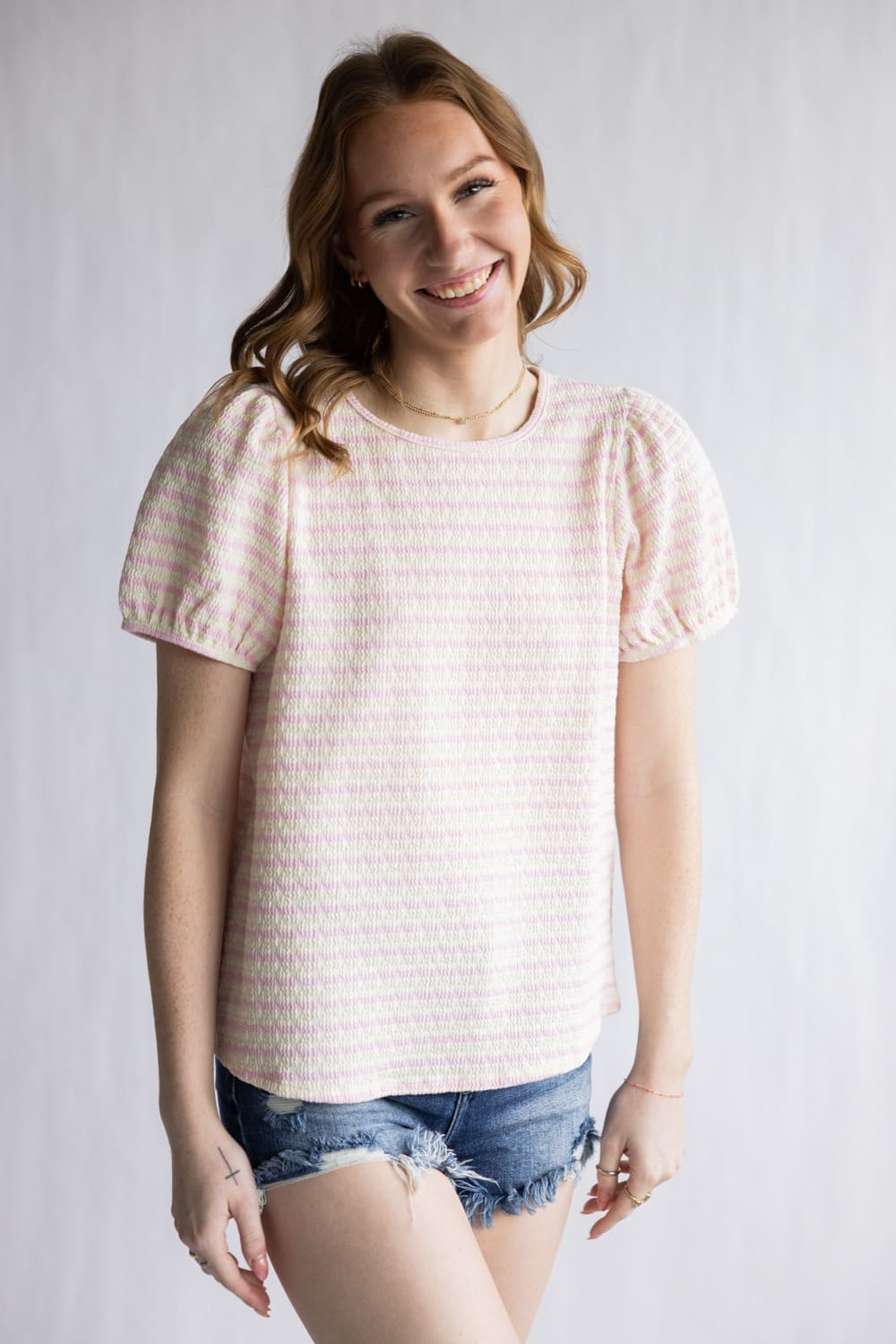 Textured Stripe Puff Sleeve Top for Women in Pink/Cream 