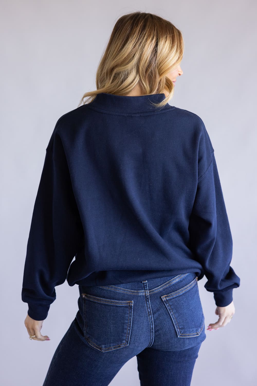 Mock Neck Oversized Fleece Pullover for Women in Navy